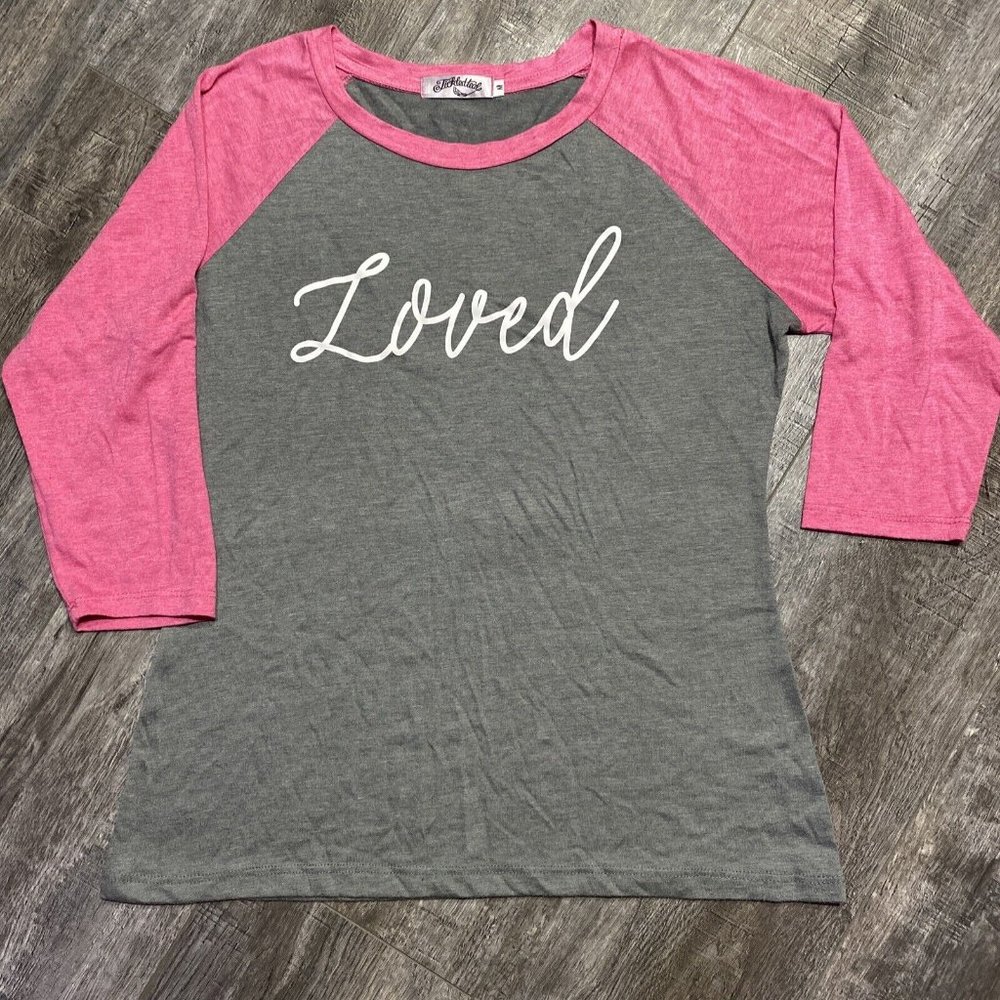Women’s Tickled Teal Size Medium “Loved” Gray Pink Raglan Top 3/4 Sleeve Shirt